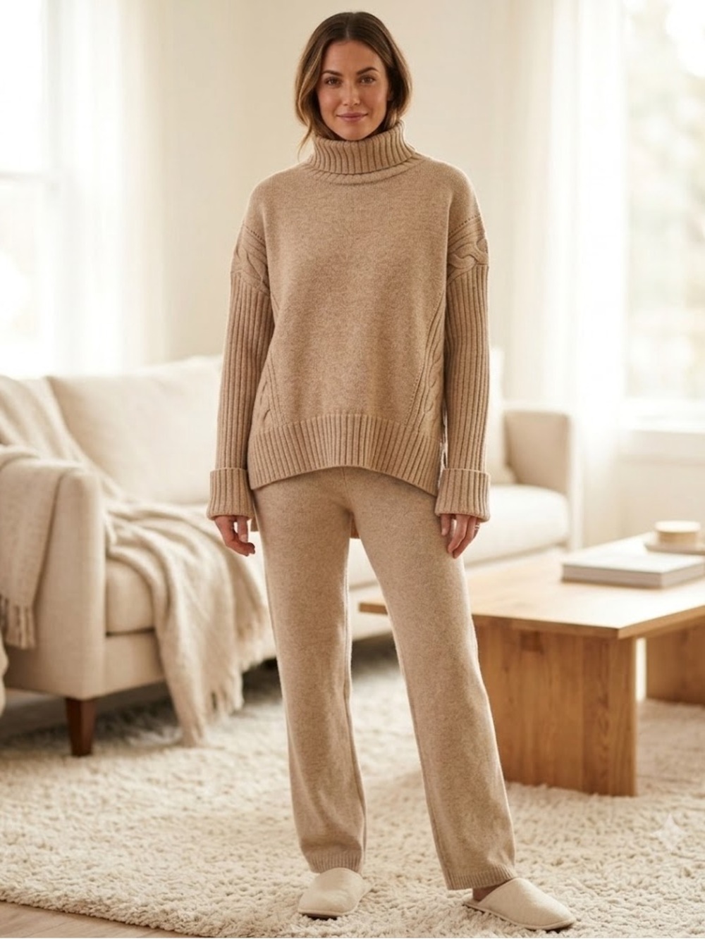 Entro Oversized Cable Knit Turtleneck Sweater Beige Boxy Cozy High Low Hem Large